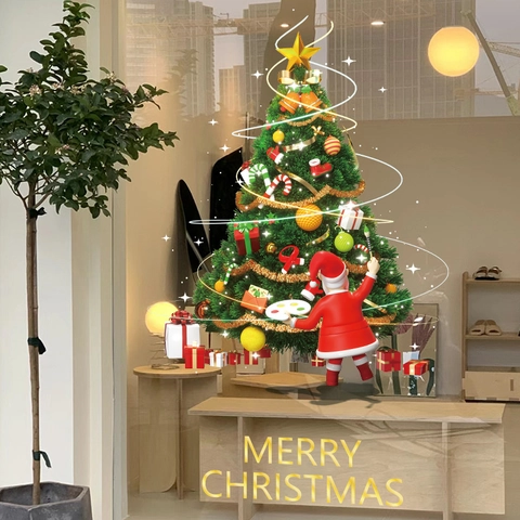 Christmas Window Static Stickers PVC Double Sided Santa Claus Tree Gift Showcase Glass Door Festive Decoration