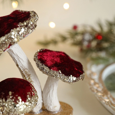 Ornamenti Fungo Zucca Velluto Decorazione Scrivania Natale Con Bordo Paillettes Dorate Stile Pastorale Elegante