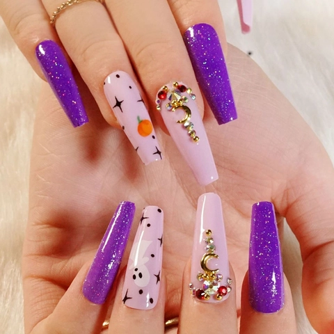 Halloween Künstliche Fingernägel Lange Sargform Lila Glitzer Kürbis Geist Strass Mond Kunst Für Damen