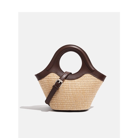 Woven Handbag Straw PU Leather Patchwork Round Handle Adjustable Strap Summer Beach Vacation Casual Chic Women