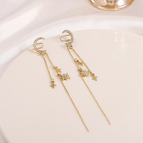 Orecchini A Stella Luna Con Frangia Lunga Polsino Per Orecchio Lega Zircone Oro Gioielli Di Moda Eleganti Da Donna