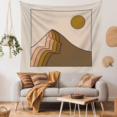 Tapiz De Pared Abstracto Caras Sol Montaña Poliéster Decoración Bohemia Minimalista Para Dormitorio Sala