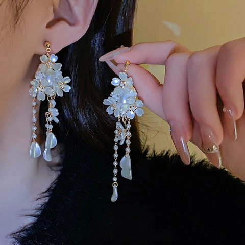 Orecchini Pendenti Lunghi Con Nappa A Petalo Di Fiore Eleganti Lega Perla Artificial Imitazione Strass Donna Con Perno In Argento