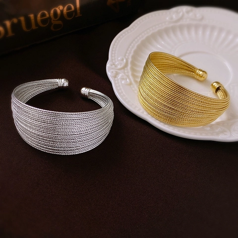 Multi Layer Geometric Open Cuff Bracelet Copper Real Gold Plated Wire Textured Wide Statement Jewelry For Women