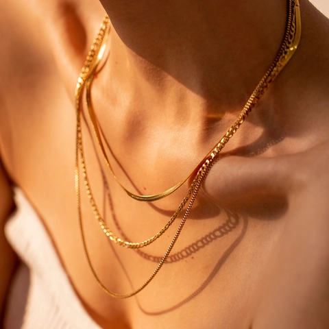 Triple Stacked Stainless Steel Necklace For Women Gold Plated Figaro Snake Box Chain Jewelry Accessory