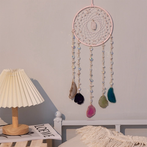 Attrape-Rêves En Cristal Rose Fait Main Avec Tranches D'Agate Naturelle Décoration Murale Bohème Pour Chambre
