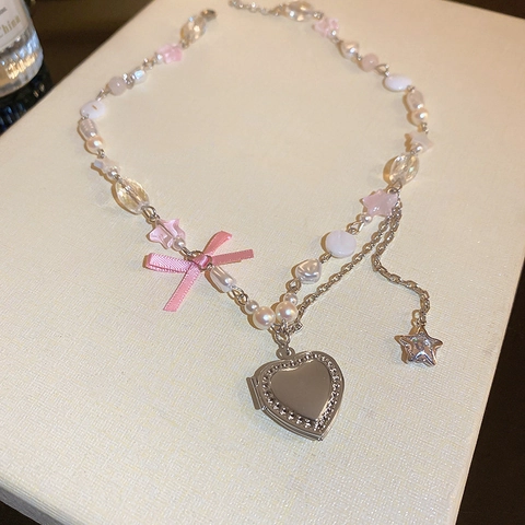 Collar Con Colgante De Relicario De Corazón Dulce Y2K Con Perlas Artificiales De Imitación Cadena De Aleación Lazo Estrella Joyería Mujer