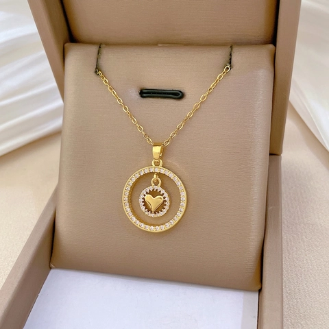 Herz Anhänger Halskette Edelstahlkette Und Kupfer Zirkonia Doppelkreis Elegant Luxus Goldton Damen Schmuck