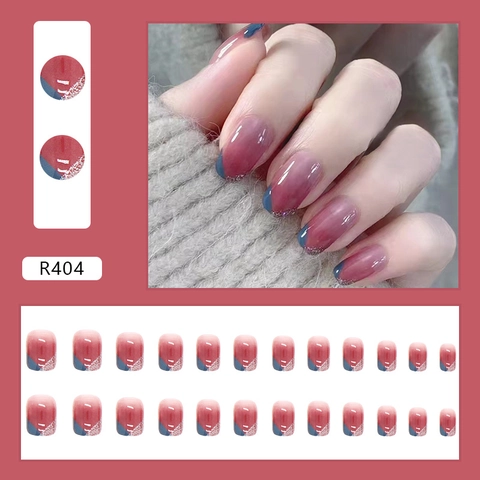 Press On Nails Ombre Weinrot Blau Kontrast Silber Glitzer Glänzend Künstliche Nägel Abnehmbar Elegant Für Frauen