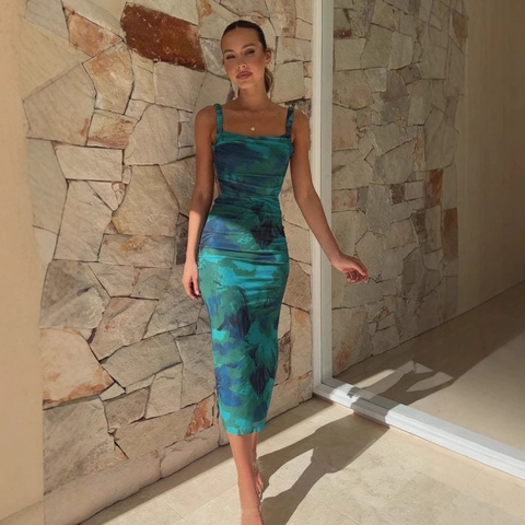 Vestito Midi Con Stampa Floreale Schiena Scoperta Donna Poliestere Senza Maniche Spacco Laterale Sexy Elegante Estate