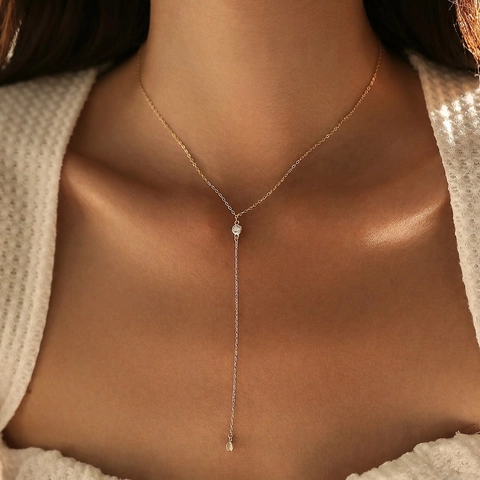 925 Sterling Silver Y-Shaped Lariat Necklace With Zircon Inlaid Minimalist Light Luxury Fashion For Women