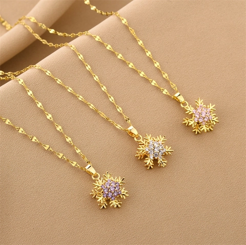Collar Con Colgante De Copo De Nieve De Acero De Titanio Y Zirconia Charm Rotatorio Cadena De Clavícula Elegante Para Mujeres