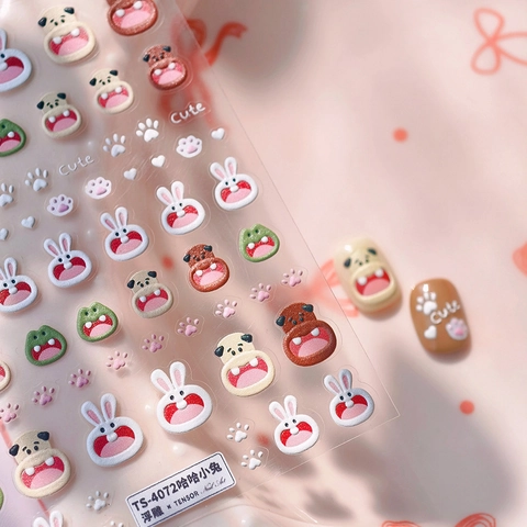 5D Relief Cute Cartoon Rabbit Frog Dog Nail Stickers 3D Embossed Self Adhesive Nail Art Decals For Kids Women Daily Decoration