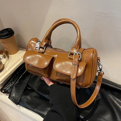 Retro Damen Glänzendes PU Leder Boston Handtasche Mit Doppelten Fronttaschen Umhängetasche Reißverschluss