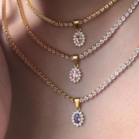 Oval Water Drop Zircon Pendant Necklace 18K Gold Plated Brass Tennis Chain Halo Jewelry For Women Retro Elegant