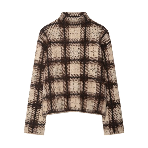 Suéter De Punto Jacquard A Cuadros Para Mujer Cuello Alto Manga Larga Retro Jersey Suave Cálido
