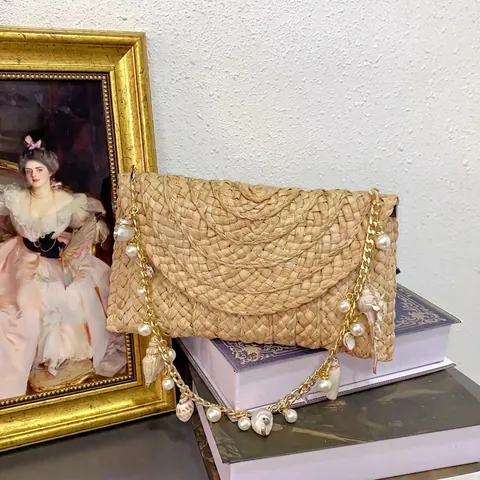Borsa A Spalla In Paglia Intrecciata A Mano Con Decorazioni Conchiglia Perla Artificial Catena In Metallo Vacanza Mare Boho Donna
