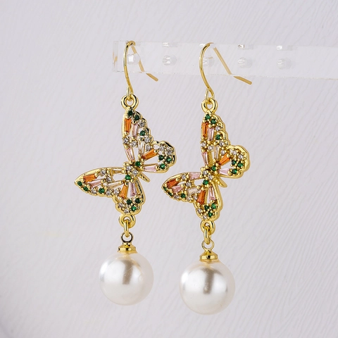 Orecchini Pendenti Farfalla Zirconia Rame Placcato Oro 18K Con Pietra Verde E Perla Artificial Gioielli Di Lusso Donna