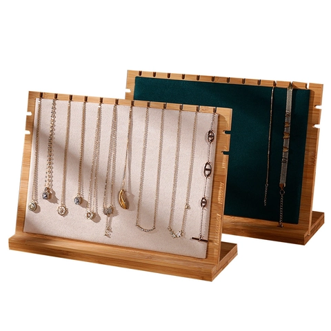 Necklace Display Stand Bamboo Wood Jewelry Organizer Board Multiple Slots Velvet PU Leather Pendant Holder Showcase