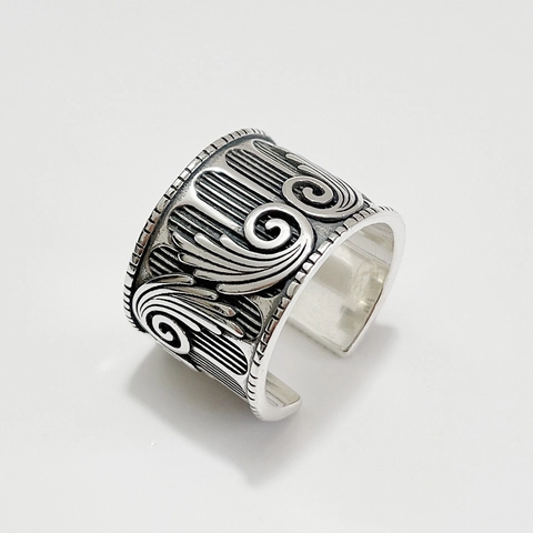 Anello Aperto Ali D'Angelo In Argento Sterling 925 Vintage Rétro Fascia Larga Gioielli In Rilievo Regolabili Per Donna