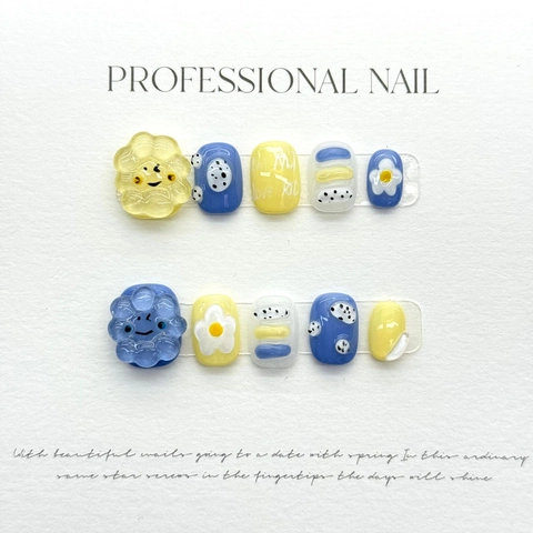 Handmade Press On Nails 3D Daisy Flower Polka Dot Sweet Colorful Resin Artificial Fake Nails For Women