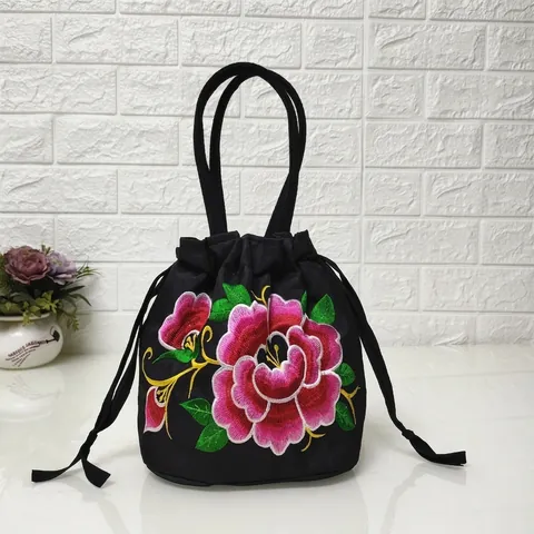 Sac Seau Brodé Style Ethnique Vintage Pour Femmes Toile Satin Petit Sac À Cordon Broderie Florale Sac À Main
