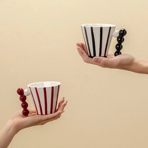 Ceramic Striped Mug With Beaded Handle French Vintage Style Hand Painted Coffee Cup For Home Office Unique Tableware