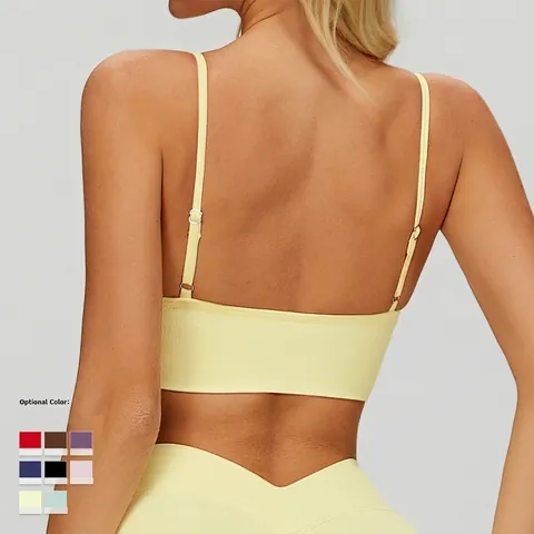 Nahtloser Sport BH Gerippter V Ausschnitt Yoga Oberteil Schnelltrocknend Atmungsaktiv Gepolstert Feste Doppelriemen Fitness Damen