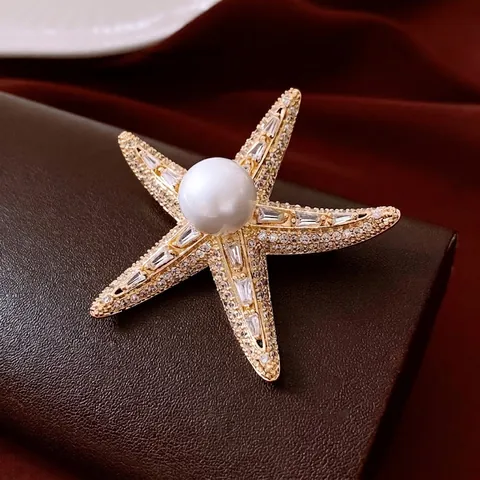 Spilla A Stella Marina In Rame Placcato Oro 14K Con Perla Artificial Sintetica E Zirconia Gioielli Di Moda Eleganti Per Donna