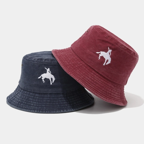 Chapeau Bob En Coton Lavé Avec Broderie Cowboy Équitation Vintage Protection Solaire Extérieur Pour Hommes Femmes