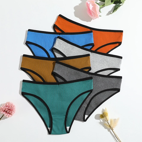 Women Cotton Ribbed Panties Low Waist Breathable Contrast Binding Solid Color Soft Stretch Briefs Underwear Lingerie