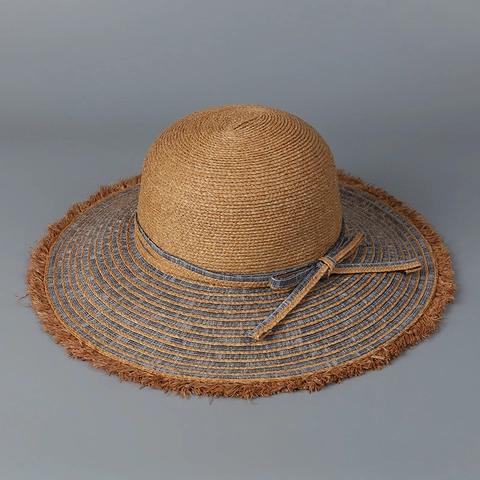 Raffia Straw Wide Brim Sun Hat Women Boho Frayed Edge Denim Ribbon Bow Adjustable Summer Beach Vacation
