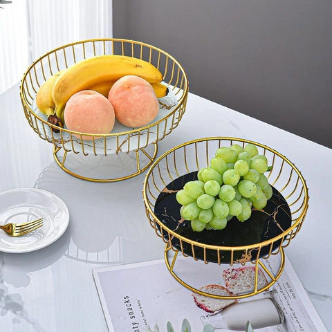 Modern Gold Iron Fruit Bowl With Marble Pattern Glass Base Luxury Desktop Storage Basket High Foot Nordic Style