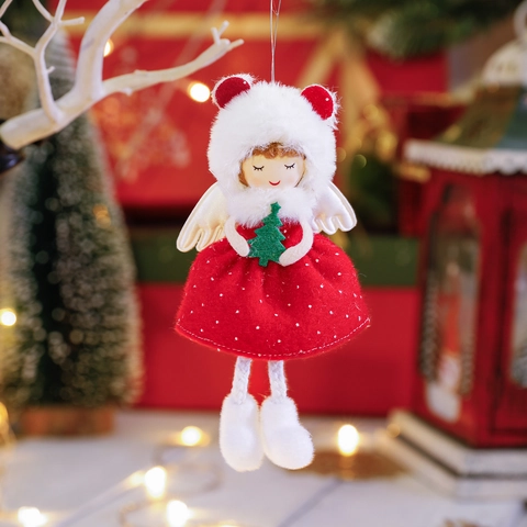 Weihnachtsengel Mädchen Plüschpuppe Anhänger Stoffflügel Mit Mini Baum Polka Dot Kleid Hängende Dekoration Süßer Nordischer Elf
