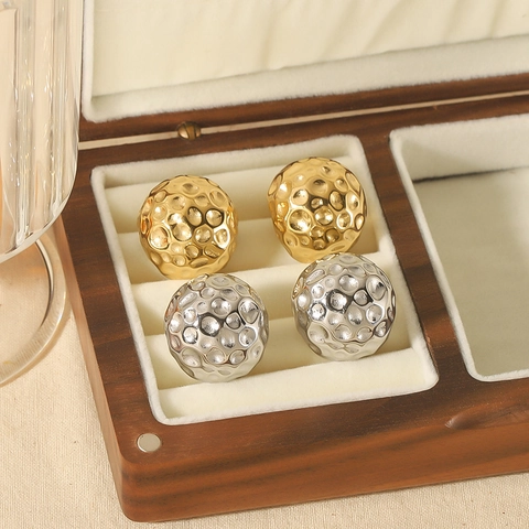 Pendientes De Esfera De Acero Inoxidable Bañados En Oro De 18K Textura De Lava Martillada Hemisferio Para Mujer