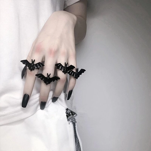 Gothic Black Bat Open Adjustable Ring Black Halloween Punk Jewelry For Women Men Alloy