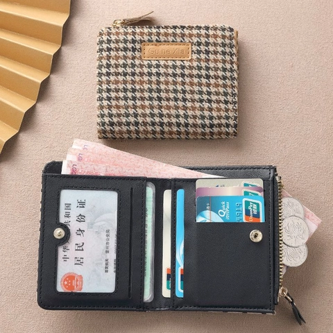 Damen Mini Kurze Geldbörse Hahnentrittmuster Canvas Und PU Leder Reißverschluss Kartenhalter Bifold Münzfach Mode Vintage Lässig