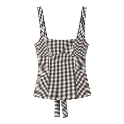 Gingham Tank Top Women Polyester Square Neck Wide Straps Back Bow Tie Side Zipper Sweet Elegant Sleeveless Camisole