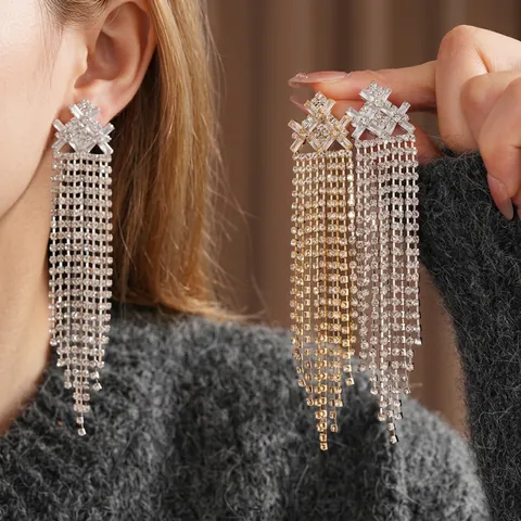 Orecchini Pendenti Lunghi Nappe Geometrici Vintage Zircone Strass Rame Con Silver Earring Post Gioielli Lusso Donna