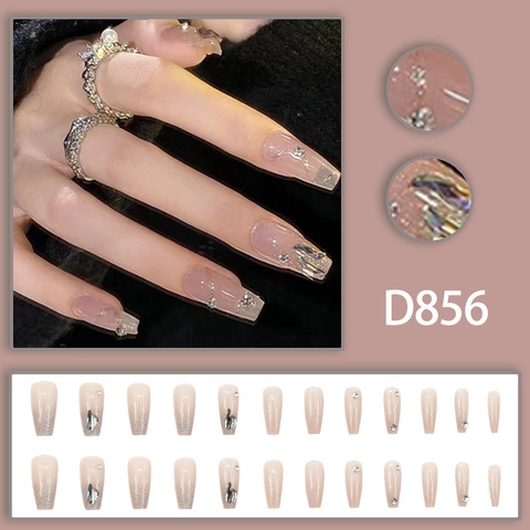 Longs Ongles À Presser Coffin Dégradé Rose Nude Avec Strass Künstliche Perles Paillettes Élégants Ongles Artificiels