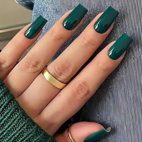 Glossy Press On Nails Long Square Dark Green Elegant Minimalist Fake Nails For Women Girls
