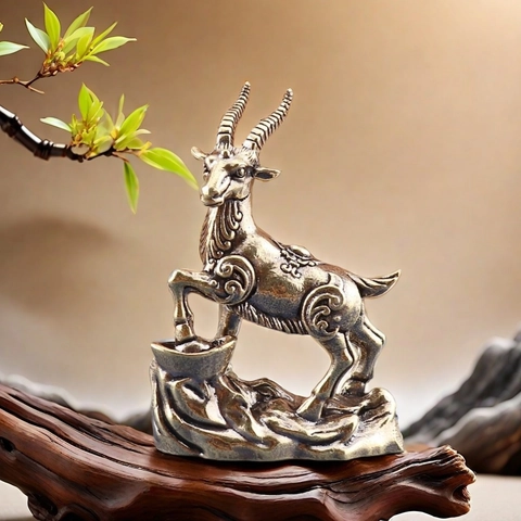 Vintage Brass Alloy Antelope Goat Figurine Standing On Ingot Desk Ornament Traditional Chinese Feng Shui Tea Pet Decor