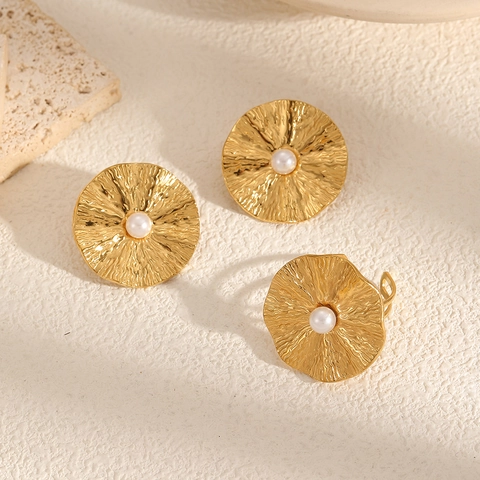 Vintage 18K Vergoldete Lotusblatt Plissierte Ohrstecker Edelstahl Blumenstruktur Mit Kunstperle Für Damen