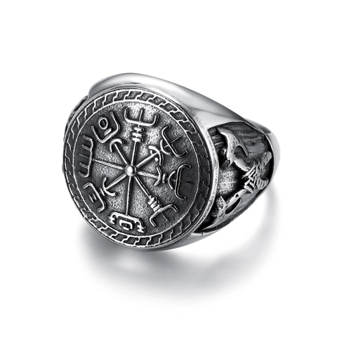 Anillo Brújula Vikinga Acero Inoxidable Vegvisir Runa Sello Plata Antigua Nórdico Retro Punk Joyería Para Hombre