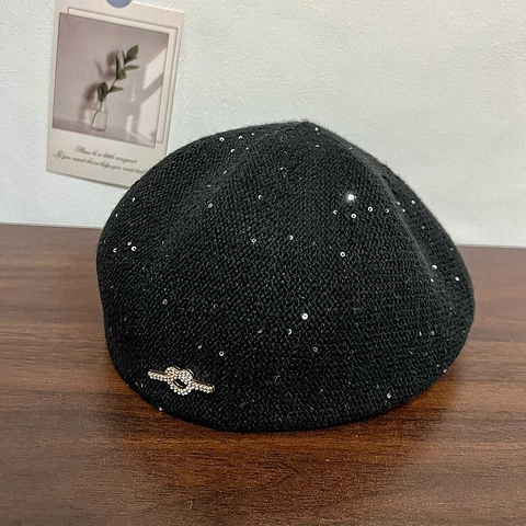 Berretto In Maglia Da Donna Cappello Paillettes Scintillanti Fibra Di Viscosa Inverno Caldo Vintage Spilla Strass Accessorio Elegante