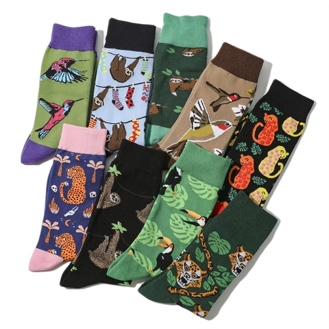 Animal Print Crew Socks Cotton Blend Knitted Sloth Tiger Hummingbird Tropical Nature Novelty Fashion For Men Women
