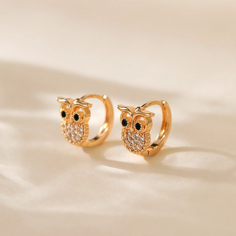 Pendientes Huggie De Búho Vintage Cobre Chapado En Oro 18K Con Circonia Y Poste De Oro 18K Joyas De Animales Para Mujeres