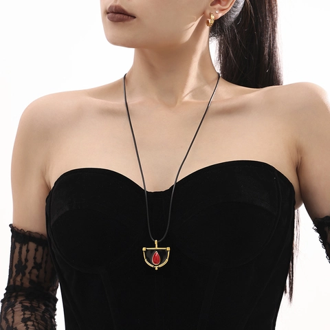 Vintage Geometric Enamel Teardrop Pendant Necklace Stainless Steel Black Braided Leather Cord Sweater Chain For Women Cosplay