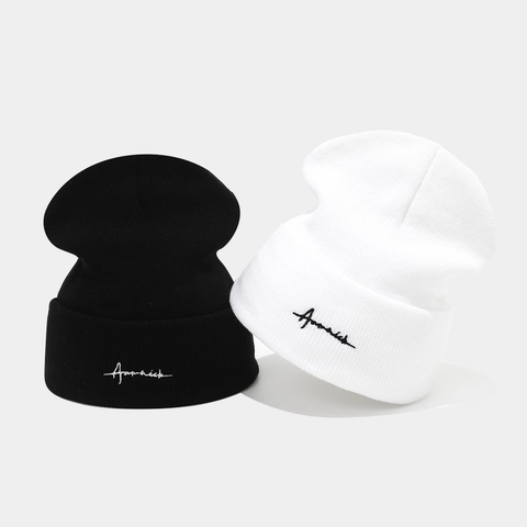 Winter Knitted Beanie Hat Acrylic Cuffed Soft Warm Outdoor Casual Letter Embroidered Ribbed Solid Color For Men Women