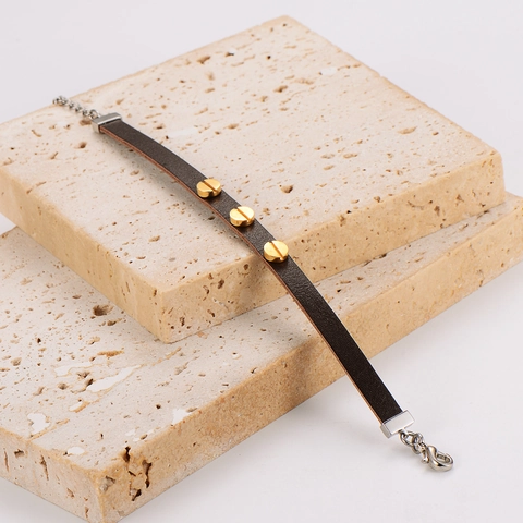 Bracciale Punk In Pelle Con Rivetti A Vite In Acciaio Inossidabile 304 Gioielli Di Moda Minimalista Per Uomo E Donna Marrone